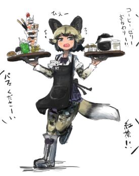 1girl adeshi_(adeshi0693119) african_wild_dog_(kemono_friends) animal_ears animal_print apron black_apron bodystocking boots bow bowtie coffee coffee_pot collared_shirt dog_ears dog_girl dog_tail drink fang flying_sweatdrops food full_body highres holding holding_tray kemono_friends layered_sleeves long_sleeves multicolored_hair open_mouth parfait running shirt short_hair short_over_long_sleeves short_sleeves sketch solo tail tray two-tone_hair waitress
