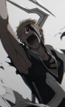 1boy absurdres arm_up armor black_kimono black_sclera bleach bleach:_sennen_kessen-hen broken_armor chest_markings colored_sclera commentary demon_horns facial_mark highres holding holding_sword holding_weapon horn_of_salvation horns hosun incoming_attack japanese_clothes kimono kurosaki_ichigo looking_at_viewer looking_down mismatched_sclera open_mouth orange_hair shoulder_armor shouting single_horn solo sword torn_clothes torn_kimono true_zangetsu_(shikai) weapon yellow_eyes