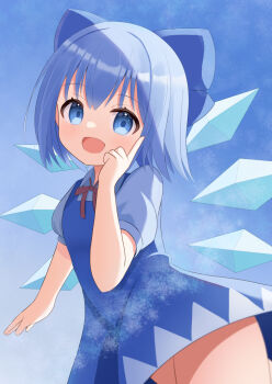 1girl :d blue_bow blue_dress blue_eyes blue_hair bow bowtie cirno collared_shirt commentary cowboy_shot dress hair_bow hand_up ice ice_wings looking_at_viewer open_mouth perumii pinafore_dress red_bow red_bowtie shirt short_dress short_hair short_sleeves sleeveless sleeveless_dress smile solo touhou white_shirt wings