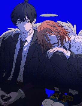 2boys angel_devil_(chainsaw_man) angel_wings belt black_hair black_necktie blue_background chainsaw_man closed_eyes closed_mouth collared_shirt commentary_request earrings hair_between_eyes halo hayakawa_aki highres jacket jewelry male_focus multiple_boys necktie off_shoulder open_clothes open_jacket shirt simple_background suit_jacket to_suisei topknot traditional_halo white_shirt white_wings wings