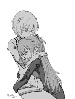 2girls ayanami_rei greyscale hand_in_another's_hair hand_on_another's_ass hand_on_another's_back hug long_hair mecha_pilot_suit monochrome multiple_girls mutsu_(layergreen) neon_genesis_evangelion plugsuit_(evangelion) short_hair simple_background sketch souryuu_asuka_langley twintails twitter_username white_background yuri