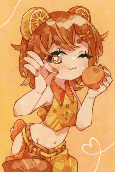Rule 34 | 1girl, :3, animal ears, bear ears, bear girl, closed mouth, commentary request, cropped shirt, food, food on head, fruit, fruit on head, highres, holding, holding food, holding fruit, looking at viewer, lupin strawberry, navel, object on head, one eye closed, orange (fruit), orange eyes, orange nails, orange slice, original, painting (medium), shirt, sleeveless, sleeveless shirt, traditional media, watercolor (medium)