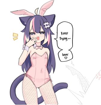 Rule 34 | 1girl, absurdres, ahoge, anger vein, animal ear fluff, animal ears, bare shoulders, blush, cat ears, cat girl, cat tail, commentary, copyright notice, covered navel, detached collar, english commentary, english text, fake animal ears, fang, fishnet pantyhose, fishnets, flat chest, highres, indie virtual youtuber, laughing, leotard, long hair, looking at viewer, lyrinne, multicolored hair, number sign, open mouth, pantyhose, pink leotard, playboy bunny, purple eyes, purple hair, rabbit ears, sakoneko, smug, speech bubble, streaked hair, tail, virtual youtuber, white background, wrist cuffs