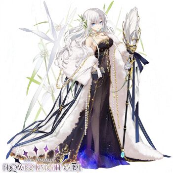 Rule 34 | 1girl, bag, bare shoulders, black dress, blue eyes, breasts, character request, cleavage, closed mouth, coat, commentary request, copyright name, dress, flower, flower knight girl, gloves, grey background, grey hair, hair between eyes, holding, holding bag, holding staff, large breasts, long hair, looking at viewer, off shoulder, official art, open clothes, open coat, satsuki misuzu, smile, solo, staff, strapless, strapless dress, white coat, white flower, white gloves