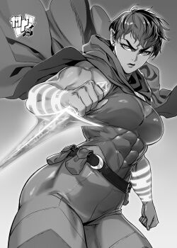 1girl abs artist_logo belt breasts cleavage clenched_hand cloak critical_role dungeons_&amp;_dragons dungeons_&amp;_dragons ericmartindood frown glowing glowing_tattoo halfling highres holding holding_knife knife logo looking_at_viewer muscular muscular_female pants pointy_ears pouch reverse_grip short_hair solo tattoo the_mighty_nein tight_clothes