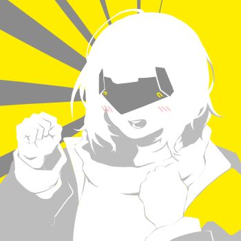 1girl absurdres arknights arknights:_endfield commentary endministrator_(arknights) english_commentary eye_mask female_endministrator_(arknights) hands_up highres jacket limited_palette long_sleeves mask medium_hair open_clothes open_jacket open_mouth solo sweater teeth upper_body yuukiey