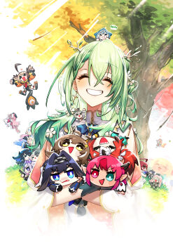 6+girls absurdres adarin antlers blue_bow blue_bowtie bow bowtie braid braided_bangs brooch cecilia_immergreen cecilia_immergreen_(1st_costume) ceres_fauna ceres_fauna_(1st_costume) chibi closed_eyes commentary crossed_bangs day detached_collar double-parted_bangs dress earrings elizabeth_rose_bloodflame elizabeth_rose_bloodflame_(1st_costume) everyone facing_viewer flower fuwawa_abyssgard fuwawa_abyssgard_(1st_costume) gawr_gura gawr_gura_(1st_costume) gigi_murin gigi_murin_(1st_costume) gradient_hair grass green_hair grin hair_between_eyes hair_flower hair_intakes hair_ornament hakos_baelz hakos_baelz_(1st_costume) highres holding holoadvent holocouncil holojustice hololive hololive_english holomyth holopromise horns irys_(hololive) irys_(irys_2.0)_(hololive) jewelry koseki_bijou long_hair long_sleeves mococo_abyssgard mococo_abyssgard_(1st_costume) mole mole_under_eye mori_calliope mori_calliope_(1st_costume) multicolored_hair multiple_girls nanashi_mumei nanashi_mumei_(1st_costume) nerissa_ravencroft nerissa_ravencroft_(1st_costume) ninomae_ina&#039;nis ninomae_ina&#039;nis_(1st_costume) one_side_up ouro_kronii ouro_kronii_(1st_costume) outdoors raora_panthera raora_panthera_(1st_costume) shiori_novella sleeve_slit smile speech_bubble star_(symbol) star_earrings takanashi_kiara takanashi_kiara_(1st_costume) three-quarter_sleeves tree tsukumo_sana virtual_youtuber watson_amelia white_dress white_flower wide_sleeves