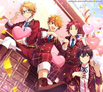 4boys absurdres adjusting_eyewear akehoshi_subaru balloon black_hair blonde_hair blue-framed_eyewear blue_eyes blue_sky blurry bokeh boots box brown_boots closed_mouth confetti depth_of_field ensemble_stars! finger_heart four-finger_heart_hands gift gift_box glasses green_eyes hair_between_eyes heart heart_balloon heart_hands hidaka_hokuto highres holding holding_balloon holding_gift isara_mao jacket long_sleeves mikawa_ayumu multiple_boys one_eye_closed open_clothes open_jacket open_mouth orange_hair pants pinned red_hair red_jacket red_pants short_hair sitting sky smile speech_bubble stage trickstar_(ensemble_stars!) yuuki_makoto_(ensemble_stars!)