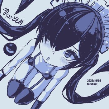 1girl ;o all_fours backbeako_(torotei) backbeard blue_background blue_theme blush bra breasts commentary covered_erect_nipples dated dated_commentary dutch_angle garter_straps gegege_no_kitarou gloves hair_over_one_eye kono_lolicon_domome loli long_hair looking_at_viewer maid_headdress monochrome one_eye_closed open_mouth original paid_reward_available pointy_ears simple_background small_breasts solo thighhighs torotei translated twintails underwear very_long_hair watermark web_address