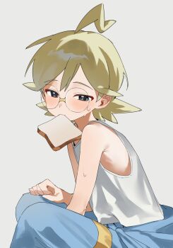 1boy absurdres ahoge blonde_hair blue_jumpsuit bread bread_slice clemont_(pokemon) clenched_hand food from_side glasses grey_background grey_eyes highres jumpsuit male_focus medium_hair mouth_hold nintendo pokemon pokemon_x_and_y pokesudal round_eyewear shirt simple_background sleeveless sleeveless_shirt solo sweat white_shirt
