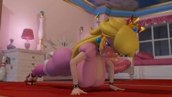 1girl 20s 3d 60fps animated anklet ass bed bedroom blender_(medium) blonde_hair blouse blue_eyes bouncing bouncing_ass bouncing_breasts bowling_pin bracelet breast_press breast_rest breasts carpet ceiling cleavage collar crown curtains dresser earrings exercising eyelashes female_focus floor flowframes gym_uniform hanging_breasts high_heels highres huge_ass huge_breasts indoors interpolated jewelry lamp long_hair looping_animation mario_(series) night nintendo on_floor pant pants pearl_earrings pillow pink_pants platform_footwear platform_heels platform_mules pressing princess princess_peach puffy_sleeves push-ups red_carpet red_footwear room shirt short_sleeves sidelocks sky solo spiked_anklet spiked_bracelet spiked_collar spikes super_mario_bros._1 thick_thighs thighs third-party_edit toned toned_female vase video wide_hips window wyerframez yoga_pants