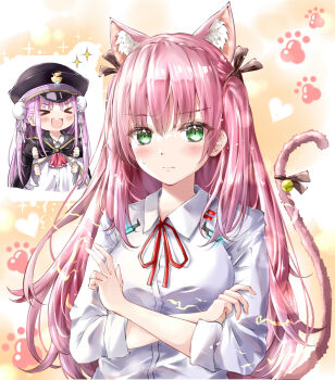 Rule 34 | > <, 2girls, :d, absurdres, afterimage, aikawa megumi, animal ears, ascot, ayaro (genkiloobaii), bell, black cape, black hat, black ribbon, blush, bun cover, cape, cat ears, cat girl, cat tail, clenched hands, collared shirt, commentary request, cropped torso, crossed arms, double bun, dress shirt, electricity, electrokinesis, excited, extra ears, eyelashes, green eyes, hair bun, hair ribbon, hat, heart, heaven burns red, highres, jingle bell, kemonomimi mode, kunimi tama, long hair, long sleeves, looking at viewer, multiple girls, neck ribbon, open mouth, paw print, peaked cap, pink hair, red ascot, red ribbon, ribbon, shirt, sidelocks, simple background, sleeves rolled up, smile, solo focus, sparkle, story in commentary, tail, tail bell, tail ornament, tail ribbon, teeth, two side up, upper body, upper teeth only, v, v-shaped eyebrows, very long hair, white shirt