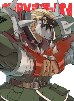 Rule 34 | 1boy, absurdres, blonde hair, clenched hand, cosplay, dark-skinned male, dark skin, gamagoori ira, glint, glowing, glowing eye, green jacket, guilty gear, guilty gear strive, highres, jacket, kill la kill, male focus, muscular, muscular male, potemkin (guilty gear), potemkin (guilty gear) (cosplay), short hair, solo, yuateheng