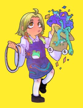 1girl :o absurdres animal animal_print black_shoes blonde_hair brown_hat chakram collared_shirt confetti cross-shaped_pupils frog frog_print hair_ribbon hat highres holding holding_unworn_clothes holding_unworn_hat holding_weapon inuyama_konan leg_up medium_hair moriya&#039;s_iron_rings moriya_suwako multiple_hair_ribbons orange_eyes orange_ribbon over-kneehighs parted_lips purple_skirt purple_vest ribbon shirt shoes sidelocks simple_background skirt slit_pupils snake snake_print socks standing standing_on_one_leg symbol-shaped_pupils thighhighs touhou unworn_hat unworn_headwear upturned_eyes vest weapon white_shirt white_socks yellow_background