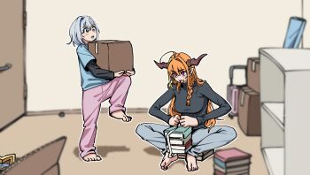 Rule 34 | 2girls, ahoge, amane kanata, blonde hair, blue hair, blush, book, box, cardboard box, carrying, colored inner hair, commentary request, dragon girl, dragon horns, grey hair, halo, heshumin, highres, hololive, horns, indoors, kiryu coco, long sleeves, multicolored hair, multiple girls, open mouth, orange hair, pants, pointy ears, red eyes, short hair, star halo, streaked hair, suitcase, sweatpants, virtual youtuber