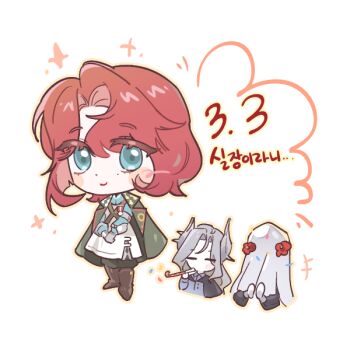 Rule 34 | 1boy, 2girls, black shirt, blue eyes, blue jacket, boots, brown boots, brown hair, cape, charon (reverse:1999), chibi, clapping, closed eyes, commentary request, covered face, cropped torso, dress, flower, full body, green cape, hair ornament, holding, jacket, korean commentary, korean text, looking at viewer, marsha (reverse:1999), multiple girls, red flower, red hair, reverse:1999, s2ds, sentinel (reverse:1999), shirt, short hair, smile, translation request, upper body, veil, white background, white dress, white veil