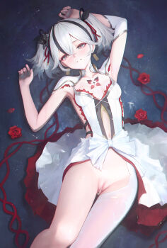 1girl absurdres arms_up black_eyes black_flower blake_bloom_(wuthering_waves) blush breasts camellya_(wuthering_waves) censored clothing_cutout collar collarbone commentary_request cum cumdrip dress earrings feet_out_of_frame flower gold_earrings hair_between_eyes hair_flower hair_ornament hair_vines has_bad_revision has_downscaled_revision highres jewelry lying md5_mismatch mosaic_censoring navel nlhxh on_back pantyhose parted_lips pussy red_flower red_pupils red_rose resolution_mismatch rose short_hair sideless_dress single_leg_pantyhose small_breasts smile solo source_smaller stomach_cutout torn_clothes torn_pantyhose white_collar white_dress white_hair white_pantyhose wuthering_waves