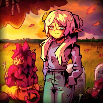 1boy 1girl absurdres alpharecdyt bone cloud commentary contemporary crossover denim dragon_ball dragon_ball_daima eating english_commentary frieren green_pants grey_sweater hands_in_pockets highres holding holding_bone indian_style jeans just_a_chill_guy_(meme) leaf looking_back meme messy monkey_tail pants pointy_ears red_eyes red_fur red_hair sitting son_goku sousou_no_frieren sunset super_saiyan super_saiyan_4 sweater tail tombstone vignetting