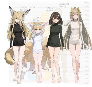 4girls :d absurdres animal_ears arknights arms_behind_back barefoot black_shirt blonde_hair blue_hairband braid braided_hair_rings brown_hair character_name feet fox_ears fox_girl fox_tail full_body hair_rings hairband hand_on_own_hip height_chart highres kitsune laurel_crown long_hair long_sleeves magallan_(arknights) mother_and_daughter muelsyse_(arknights) multicolored_hair multiple_girls multiple_tails open_mouth orange_eyes shirt short_hair sigm@ simple_background sleeves_past_wrists smile standing streaked_hair suzuran_(arknights) tail thighs toes turtleneck turtleneck_shirt two-tone_hair vulpisfoglia_(arknights) white_background white_hair white_shirt