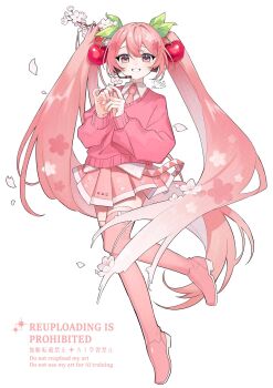 1girl akita_aaa blush boots cherry_blossoms cherry_hair_ornament commentary_request falling_petals flower food-themed_hair_ornament full_body hair_between_eyes hair_ornament hatsune_miku highres holding holding_flower jacket long_hair long_sleeves looking_at_viewer necktie open_mouth petals pink_boots pink_eyes pink_flower pink_hair pink_jacket pink_nails pink_necktie pink_petals pink_skirt sakura_miku skirt smile solo thigh_boots twintails very_long_hair vocaloid watermark