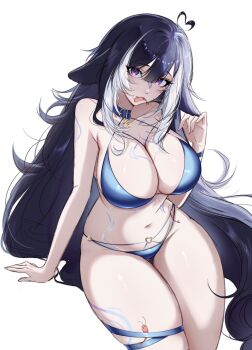 1girl ahoge belt_collar bikini black_hair blue_bikini blue_collar body_markings breasts cleavage collar commentary criss-cross_halter facial_tattoo halterneck heart heart_ahoge highres indie_virtual_youtuber jin_(xiannie) large_breasts leg_tattoo long_hair looking_at_viewer mouth_hold multicolored_hair official_alternate_costume orca_girl purple_eyes shrimp shylily shylily_(bikini) simple_background solo streaked_hair string_bikini swimsuit tattoo very_long_hair virtual_youtuber white_background white_streaks