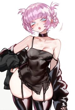 Rule 34 | 1girl, :o, absurdres, bare shoulders, black choker, black dress, black jacket, black thighhighs, blue eyes, blunt bangs, blush, braid, braided hair rings, breasts, choker, colored eyelashes, commentary, contrapposto, covered erect nipples, cowboy shot, dress, fang, foolish potato, frilled dress, frills, garter straps, hair rings, hand on own hip, highres, jacket, long sleeves, looking at viewer, medium breasts, microdress, motion lines, nanakusa nazuna (yofukashi no uta), off shoulder, open clothes, open jacket, open mouth, puffy long sleeves, puffy sleeves, purple hair, ringed eyes, sidelocks, simple background, sleeveless, sleeveless dress, sleeves past wrists, solo, standing, strap slip, thick eyelashes, thighhighs, untranslatable commentary, white background, yofukashi no uta