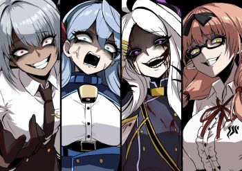 4girls ako_(blue_archive) armband black_halo blue_archive blue_eyes blue_hair chinatsu_(blue_archive) demon_horns glasses gloves grey_hair gun halo highres hina_(blue_archive) horns iori_(blue_archive) long_hair machine_gun mg42 multiple_girls nagai_negi pointy_ears prefect_team_(blue_archive) purple_eyes red_armband red_eyes red_halo twintails weapon white_hair wings