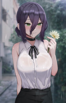 1girl absurdres black_choker black_ribbon breasts chainsaw_man choker eye_reflection flower green_eyes grenade_pin hair_between_eyes hair_bun highres holding holding_flower large_breasts neck_ribbon outdoors purple_hair rain reflection reze_(chainsaw_man) ribbon shirt sleeveless sleeveless_shirt solo toffee_(ngim0301) wet wet_clothes wet_shirt white_flower white_shirt