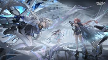 3girls aether_gazer artist_request ass black_cape black_gloves black_hair black_shoes black_shorts black_skirt braid breasts cape character_request closed_mouth copyright_name dress gloves grey_hair grey_pantyhose headgear high-waist_skirt highres holding holding_weapon long_hair multiple_girls official_art pantyhose red_hair reflective_floor second-party_source shoes short_shorts shorts skirt thigh_strap twin_braids weapon white_dress yellow_eyes