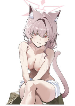 1girl akira_(blue_archive) animal_ear_fluff animal_ears blue_archive blush breasts cat_ears cat_girl cat_tail closed_mouth comiket_107 commentary_request completely_nude crossed_legs hair_between_eyes halo large_breasts long_hair looking_at_viewer nipples nude pink_hair pink_halo red_eyes sitting smile solo tail takinohamira towel towel_on_legs wet