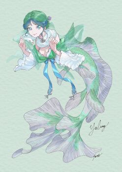 1girl 1other arms_up bad_link blue_eyes blue_hair blue_ribbon bra breasts cleavage commentary commission detached_sleeves english_text fins forked_tongue green_background green_hair hagoromo hair_ornament hairpin half_updo highres looking_at_viewer medium_breasts mermaid mole mole_on_breast monster_girl multicolored_hair ribbon sash shawl sidelocks signature slime_(substance) snake soramaru_ell tongue two-tone_hair underwear vgen_commission white_bra white_snake