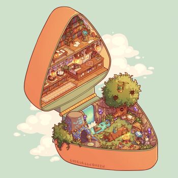 absurdly_detailed_composition artist_name basket beedle bird book book_stack bookshelf bush chicken cloud commentary container cooking_pot counter crate day egg english_commentary evergreenqveen grass highres korok ladder loaded_interior market master_sword mushroom nintendo open_book outdoors paper plant planted planted_sword planted_weapon polly_pocket rock rooster sheikah shield shop sitting sword table the_legend_of_zelda the_legend_of_zelda:_breath_of_the_wild torch treasure_chest tree vase water waterfall weapon wooden_box wooden_floor wooden_shield