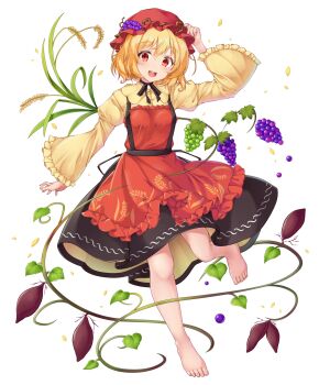 Rule 34 | 1girl, aka tawashi, aki minoriko, apron, barefoot, black skirt, blonde hair, food, fruit, full body, game cg, grape hat ornament, grapes, hakurei frontier spell strive, hat, highres, leaf, long sleeves, looking at viewer, mob cap, official art, open mouth, print apron, red apron, red eyes, red hat, shirt, skirt, smile, solo, sweet potato, third-party source, toes, touhou, transparent background, wheat, wheat print, wide sleeves, yellow shirt