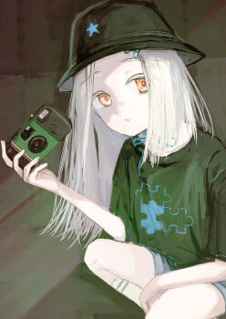 Rule 34 | 1girl, absurdres, black hat, black shirt, blue ribbon, bucket hat, camera, colored eyelashes, commentary request, disposable camera, feet out of frame, foreshortening, gakuen idolmaster, grey hair, hair ornament, hairclip, hand up, hat, highres, holding, holding camera, idolmaster, k6tetsu, kneehighs, long hair, looking at viewer, neck ribbon, orange eyes, parted lips, print shirt, ribbon, shinosawa hiro, shirt, shorts, socks, solo, squatting, t-shirt, white shorts, white socks