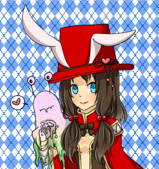 Rule 34 | 1girl, animal ears, argyle background, blue background, blue eyes, blush, bow, bowtie, breasts, brown bow, brown bowtie, brown cape, brown dress, brown hair, cape, cleavage, closed mouth, commentary request, creator (ragnarok online), dress, gloves, hair bobbles, hair ornament, hat, hat ornament, heart, heart hat ornament, long hair, looking at viewer, medium breasts, meiko (nattu303), plunging neckline, rabbit ears, rabbit girl, ragnarok online, red cape, red hat, smile, solo, spoken heart, top hat, upper body, vanilmirth (ragnarok online), white gloves