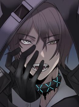 Rule 34 | 1boy, animal ears, ark1478, arknights, black gloves, black jacket, brown eyes, brown hair, cat boy, commentary request, fangs, gloves, grey eyes, hand on own face, hand up, highres, hood, hood up, hooded jacket, infection monitor (arknights), jacket, long sleeves, looking at viewer, male focus, material growth, open mouth, oripathy lesion (arknights), phantom (arknights), sharp teeth, short hair, solo, teeth