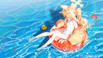 1girl absurdres animal_ear_fluff animal_ears bare_shoulders barefoot blonde_hair blue_archive breasts closed_eyes closed_mouth covered_navel cross_halo fox_ears fox_girl full_body halo highleg highleg_one-piece_swimsuit highres innertube jacket long_hair long_sleeves official_alternate_costume official_alternate_hairstyle one-piece_swimsuit orange-tinted_eyewear rubber_duck ryuuforkaf seia_(blue_archive) seia_(swimsuit)_(blue_archive) side_ponytail sitting sleeves_past_wrists small_breasts soaking_feet solo starfish sunglasses swim_ring swimsuit tinted_eyewear toes visor_cap water watermark weibo_watermark white_one-piece_swimsuit yellow_halo yellow_jacket yellow_visor
