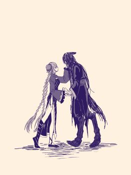 1boy 1girl ajajasta animal_ears animal_legs blue_theme braid chinese_clothes family_hierarch_candidate_(identity)_(project_moon) full_body hand_on_another&#039;s_face heishou_pack-wu_branch_(identity)_(project_moon) highres holding_hands horse_boy horse_ears horse_legs horse_tail ishmael_(project_moon) limbus_company long_hair low_twin_braids monochrome project_moon shoes shrug_(clothing) side_slit sitting standing tail twin_braids very_long_hair yi_sang_(project_moon)