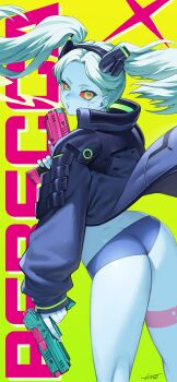 1girl 2025 absurdres artificial_eye ass black_jacket blowing_smoke blue_panties character_name colored_sclera colored_skin commentary cyberpunk_(series) cyberpunk:_edgerunners cyborg dimples_of_venus dual_wielding english_commentary feet_out_of_frame floating_clothes floating_hair gradient_background green_hair gun handgun headgear hichi highres holding holding_gun holding_weapon jacket leg_tattoo long_hair long_sleeves looking_at_viewer mechanical_eye panties parted_lips pink_tattoo puffy_long_sleeves puffy_sleeves rebecca_(cyberpunk) red_pupils red_sclera samurai_jacket_(cyberpunk) short_eyebrows signature smoke smoking_barrel solo standing tattoo trigger_discipline twintails underwear uneven_eyes weapon yellow_background