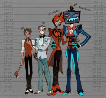 Rule 34 | 2boys, alastor (hazbin hotel), alastor (human) (hazbin hotel), black eyes, black hair, blue suit, brown hair, collared shirt, curly hair, dark-skinned male, dark skin, demon boy, demon horns, formal clothes, hazbin hotel, height chart, height difference, hellaverse, heterochromia, highres, horns, juanmao, multicolored hair, multiple boys, red vest, shirt, streaked hair, suit, vest, vox (hazbin hotel), vox (human) (hazbin hotel), white hair, white shirt