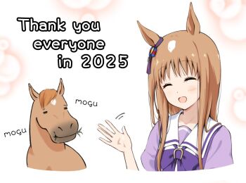 1girl animal_ears bare_shoulders bow brown_hair chinese_zodiac closed_eyes commentary english_commentary english_text flat_chest grass_wonder_(racehorse) grass_wonder_(umamusume) horse_ears horse_girl long_hair multicolored_hair new_year smile solo tanaka_wonder umamusume waving white_hair year_of_the_horse