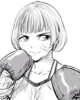 1girl bandaid bandaid_on_cheek bandaid_on_face boxing boxing_gloves breasts commentary_request greyscale hatching_(texture) highres lee_(dragon_garou) monochrome original portrait shirt short_hair sideways_glance smile solo sports_bra t-shirt