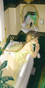 Rule 34 | 1girl, absurdres, bathroom, bathtub, black panties, blush, braid, breasts, brown hair, curtains, different reflection, dress, expressionless, fins, floral print, green eyes, hairband, head fins, highres, indoors, long hair, looking to the side, mermaid, mirror, miv4t, monster girl, original, panties, parted lips, profile, reflection, shower head, small breasts, solo, sunlight, underwear, water, wet, wet clothes