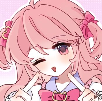 Rule 34 | ahoge, bow, bow ring, bowtie, chinese commentary, collared shirt, commentary request, eyelashes, eyes visible through hair, fanfanjiadeayuanjiang, fingers to cheeks, floating hair, frilled shirt collar, frills, hair bow, hair ornament, halftone, halftone background, happy, heart, heart hair ornament, highres, idol, light blush, long hair, nikki (nikki), nikki (series), one eye closed, open mouth, outline, pink background, pink bow, pink bowtie, pink eyes, pink hair, print sleeves, shirt, smile, two side up, wavy hair, white bow, white outline, white shirt