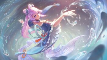 1girl \||/ artist_logo bow-shaped_hair clothing_request detached_collar double_\||/ fish genshin_impact gloves hashtag-only_commentary highres hydrokinesis logo long_hair looking_at_viewer looking_back pink_eyes pink_hair sangonomiya_kokomi solo thighhighs water white_gloves white_thighhighs wide_sleeves yuelycia