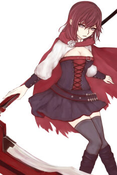 1girl belt black_boots black_dress black_thighhighs boots breasts buckle cape cleavage commentary corset dress english_commentary flower grey_eyes hair_between_eyes highres holding holding_weapon knee_boots long_sleeves looking_at_viewer medium_breasts medium_hair miniskirt polearm puffy_sleeves red_cape red_hair rose ruby_rose rwby scythe shio_(k-193) short_hair shrug_(clothing) simple_background skirt solo standing thighhighs torn_cape torn_clothes weapon white_background white_flower white_rose white_shrug zettai_ryouiki