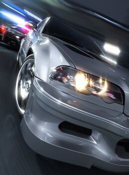 3d absurdres blender_(medium) bmw bmw_3_series bmw_e46 bmw_m3 car dodge_(company) dodge_charger dodge_charger_(6th_generation) erik-m1999 glowing highres motion_blur motor_vehicle no_humans original police_car vehicle_focus