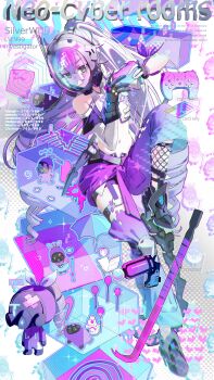 1girl absurdres arm_ribbon bare_shoulders belt black_gloves blue_pants chibi commentary_request controller covered_face crop_top crossed_bangs crowbar drill_hair drill_ponytail earphones english_text fingerless_gloves fishnet_socks fishnets full_body game_controller gloves gradient_pants grey_eyes grey_hair hair_between_eyes high_heels highres holding holding_controller holding_game_controller honkai:_star_rail honkai_(series) knee_pads leg_up long_hair long_sleeves mask mechanical_tail navel pants pants_rolled_up ponytail purple_pants purple_ribbon ribbon see-through_clothes see-through_mask silver_wolf_(honkai:_star_rail) silver_wolf_(lv.999)_(honkai:_star_rail) single_fingerless_glove single_knee_pad single_mechanical_glove single_sock sitting socks solo tail twin_drills umbrella very_long_hair wata_(attaka_towel) white_sleeves