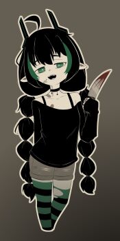 1girl ahoge bandaid bandaid_on_chest bandaid_on_neck black_hair blood bloody_knife choker clavicles elf elfinpsyop green_eyes highres holding holding_knife horns indie_virtual_youtuber knife loli mechanical_horns mettoretto neck pointy_ears smug socks solo standing striped_clothes striped_socks torn_clothes torn_socks virtual_youtuber yandere