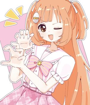 1girl ;d absurdres belt blush bow bowtie claw_pose cowboy_shot egg_hair_ornament fang food-themed_hair_ornament frilled_sailor_collar frilled_sleeves frills gem hair_ornament hair_ribbon highres kirara_tamako kirara_tamako_(2nd_costume) long_hair looking_at_viewer nijisanji no_jacket notice_lines one_eye_closed open_mouth orange_eyes orange_hair outline pink_background pink_belt pink_bow pink_bowtie pink_skirt plaid_clothes plaid_skirt pleated_skirt puffy_short_sleeves puffy_sleeves ribbon ryo_lo2 sailor_collar shirt shirt_tucked_in short_sleeves skin_fang skirt smile solo standing striped_bow striped_bowtie striped_clothes two_side_up v-shaped_eyebrows virtual_youtuber white_background white_outline white_ribbon white_sailor_collar white_shirt yellow_gemstone